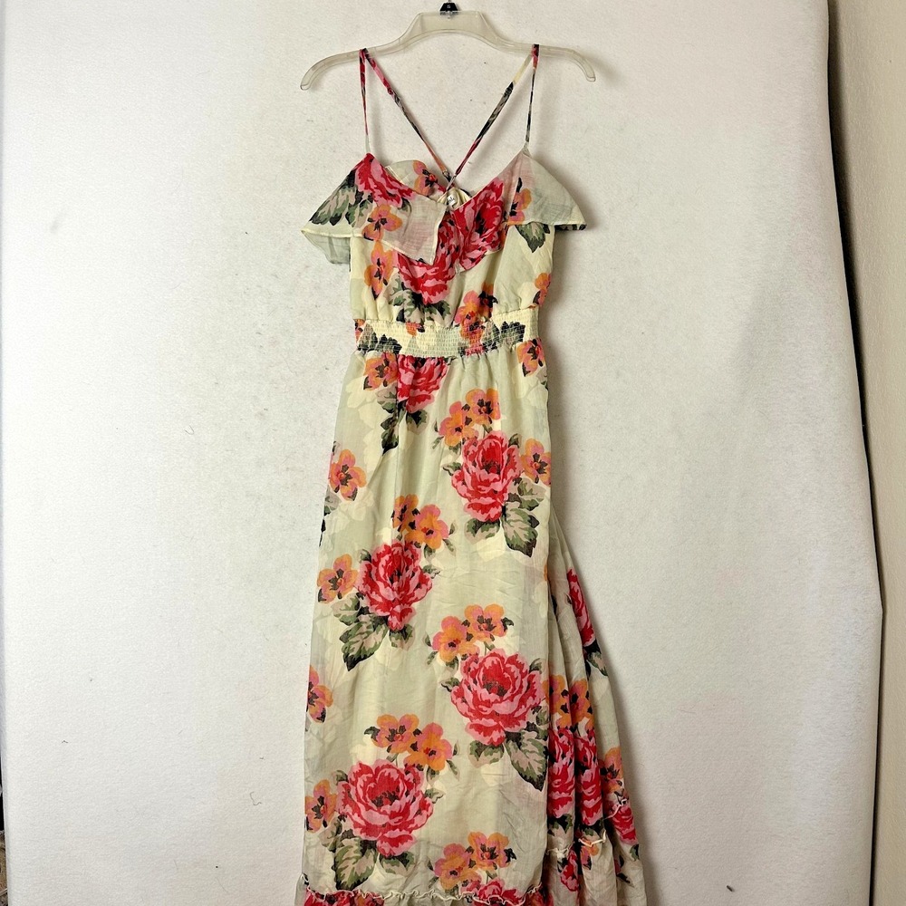 Aeropostale Womens XL Floral Ruffle Off Shoulder Maxi Dress Cream Red Rose Boho